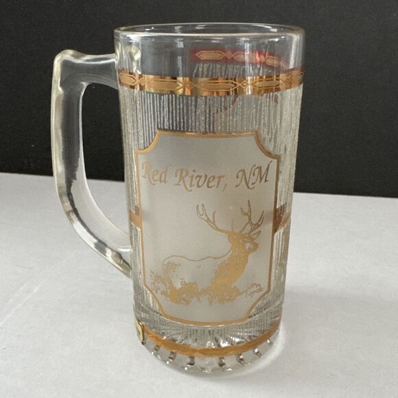 Culver Red River NM Glass Mug 22K Gold  Deer Mtn Etched Tree Detailing Vintage - Picture 1 of 5